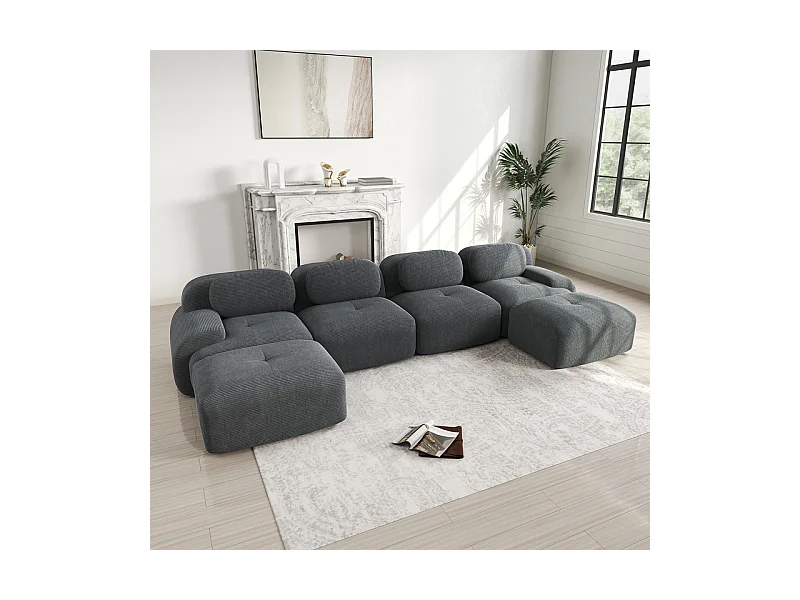 Grand canapé d'angle modulable 388cm - en Velours côtelé - avec 4 oreillers et  2 pouf - ergonomique - Gris