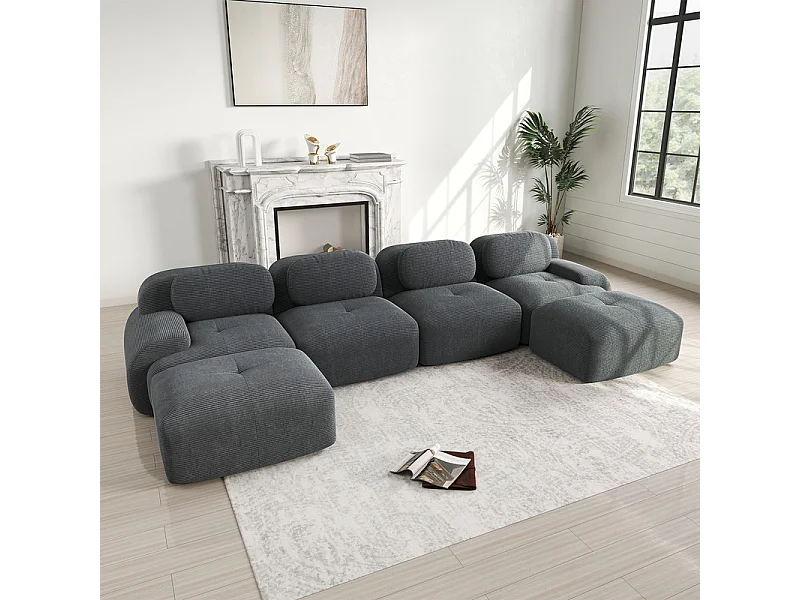 Grand canapé d'angle modulable 388cm - en Velours côtelé - avec 4 oreillers et  2 pouf - ergonomique - Gris