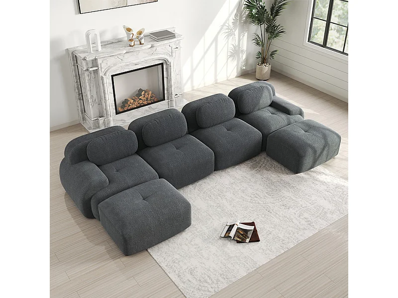 Grand canapé d'angle modulable 388cm - en Velours côtelé - avec 4 oreillers et  2 pouf - ergonomique - Gris