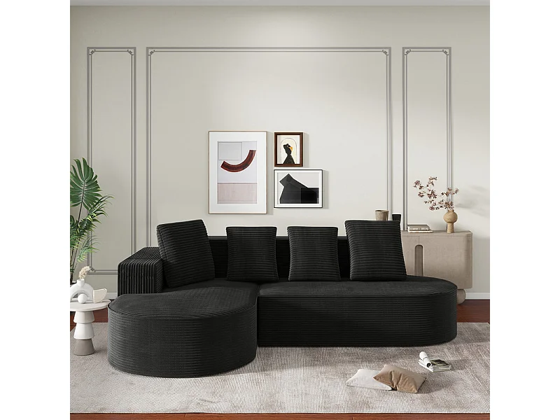 Linkes Ecksofa aus Großer Rippensamt mit 4 Kissen - 265x67x40,5cm - Schwarz