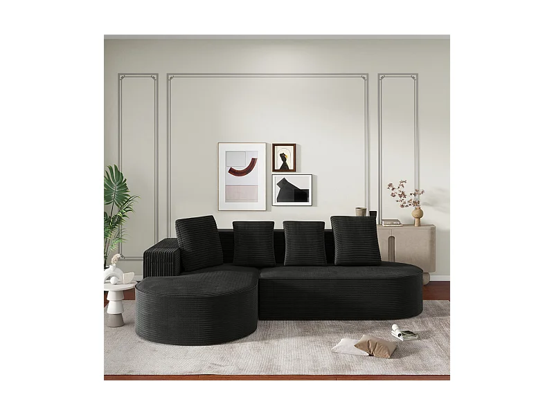 Canapé d'angle gauche en Velours Côtelé grosses côtes avec 4 oreillers - 265x67x40,5cm - Noir