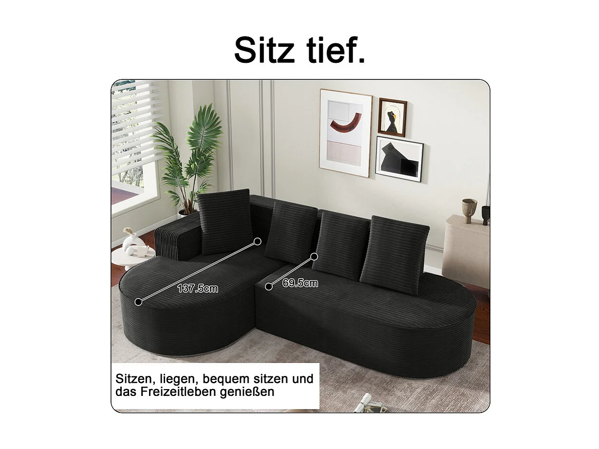 Canapé d'angle gauche en Velours Côtelé grosses côtes avec 4 oreillers - 265x67x40,5cm - Noir