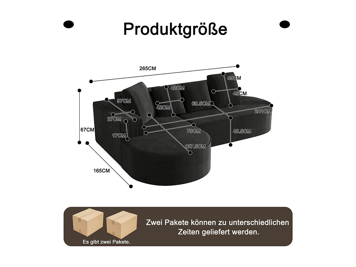 Canapé d'angle gauche en Velours Côtelé grosses côtes avec 4 oreillers - 265x67x40,5cm - Noir