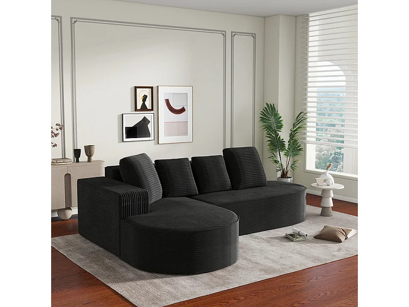 Canapé d'angle gauche en Velours Côtelé grosses côtes avec 4 oreillers - 265x67x40,5cm - Noir