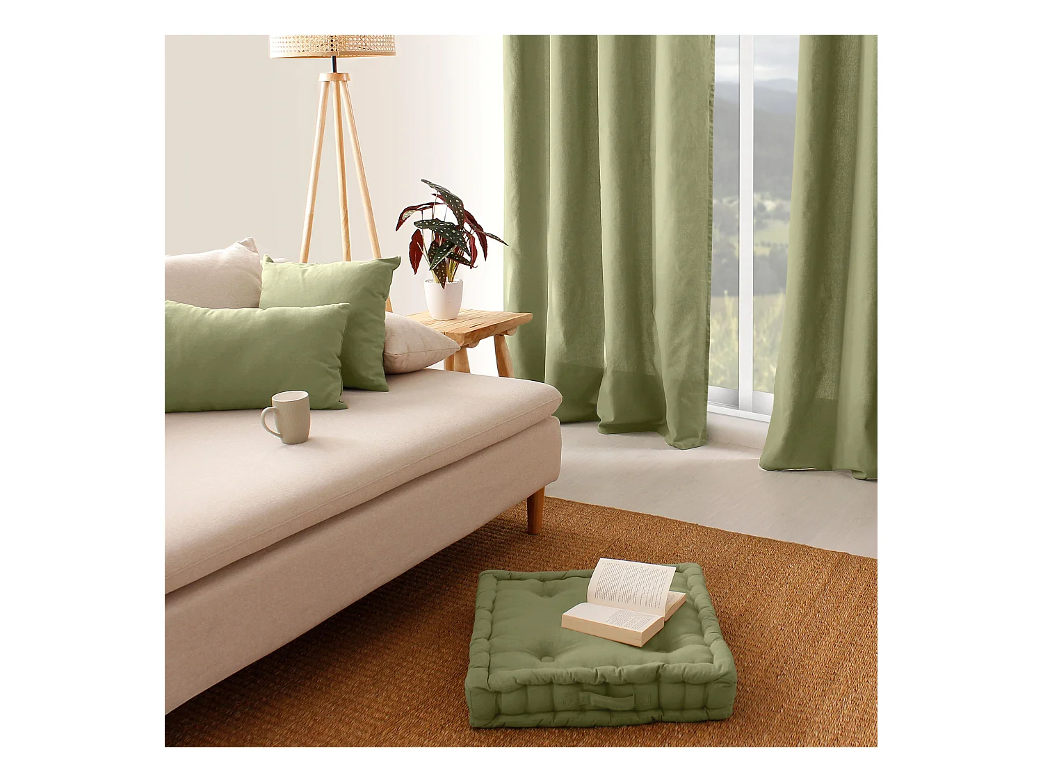 Coussin de Sol Uni "Panama" 50x50cm Vert Olive