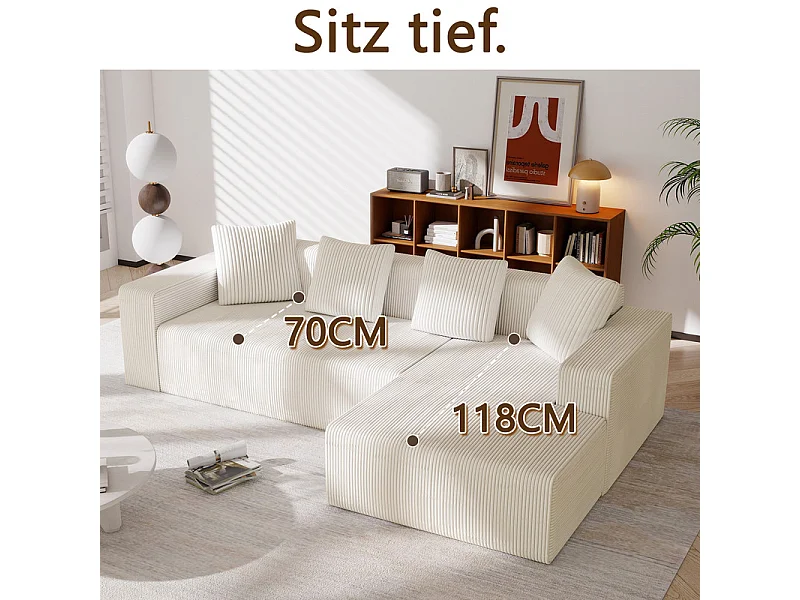 Grand canapé d'angle droit modulable, en velours côtelé, avec 4 oreillers, sans assemblage requis, 261x146x65cm, Blanc