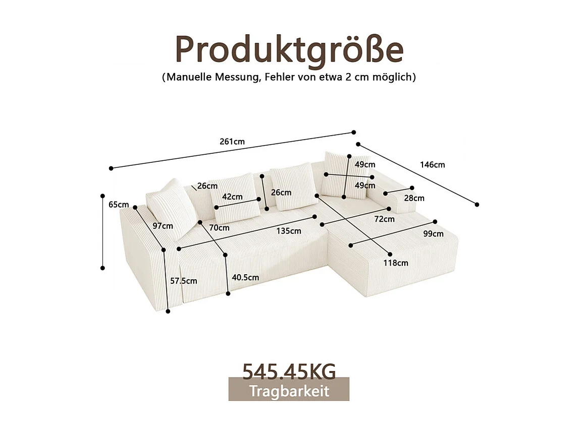 Grand canapé d'angle droit modulable, en velours côtelé, avec 4 oreillers, sans assemblage requis, 261x146x65cm, Blanc