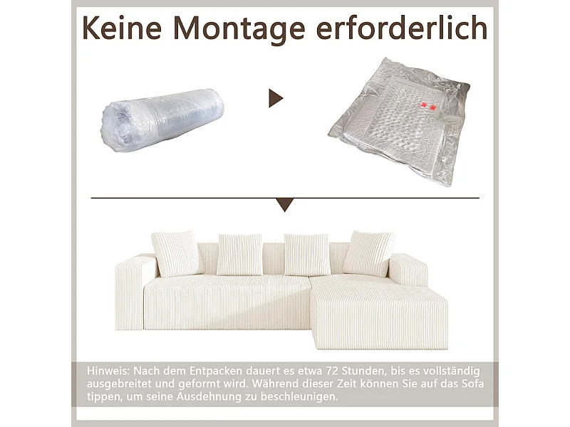 Grand canapé d'angle droit modulable, en velours côtelé, avec 4 oreillers, sans assemblage requis, 261x146x65cm, Blanc