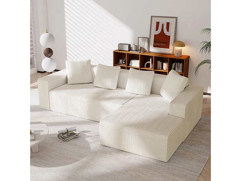 Grand canapé d'angle droit modulable, en velours côtelé, avec 4 oreillers, sans assemblage requis, 261x146x65cm, Blanc