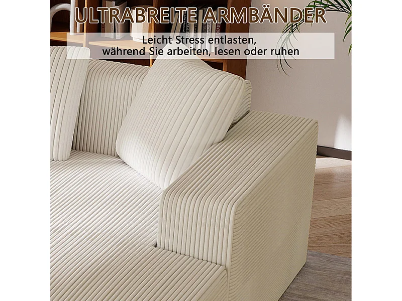 Grand canapé d'angle droit modulable, en velours côtelé, avec 4 oreillers, sans assemblage requis, 261x146x65cm, Blanc