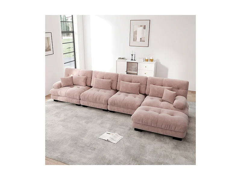 Canapé 4 places d'angle en tissu chenille, avec 6 oreillers, pouf amovible, combinaison DIY, 406x145x81cm, Rose