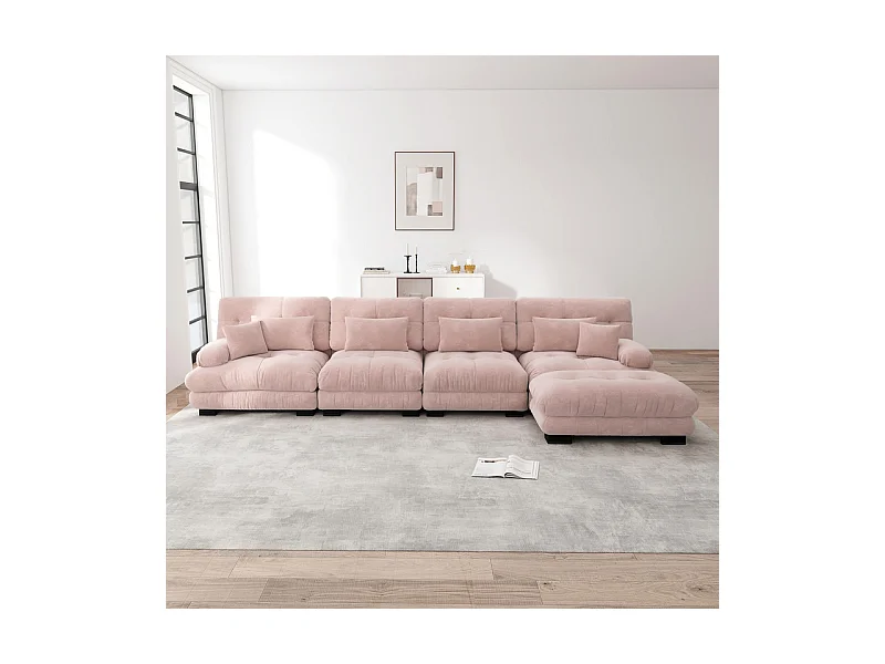 Canapé 4 places d'angle en tissu chenille, avec 6 oreillers, pouf amovible, combinaison DIY, 406x145x81cm, Rose
