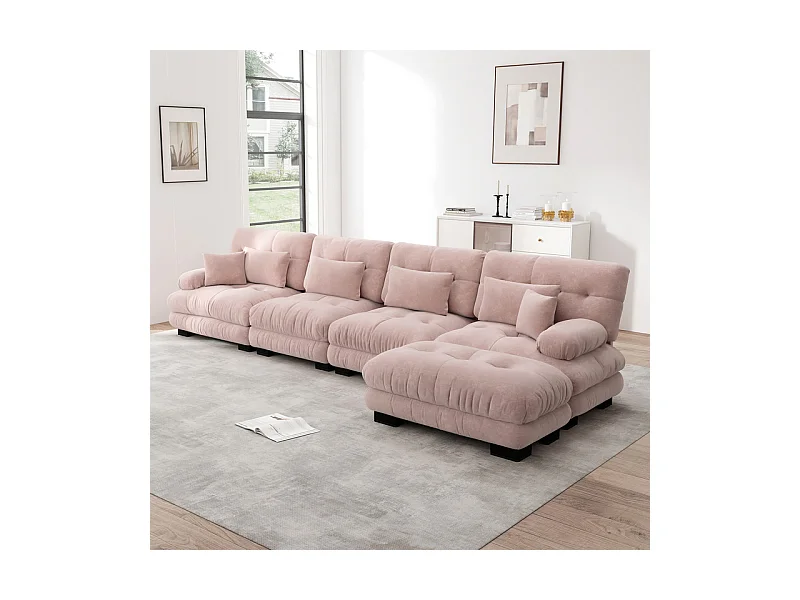 Canapé 4 places d'angle en tissu chenille, avec 6 oreillers, pouf amovible, combinaison DIY, 406x145x81cm, Rose