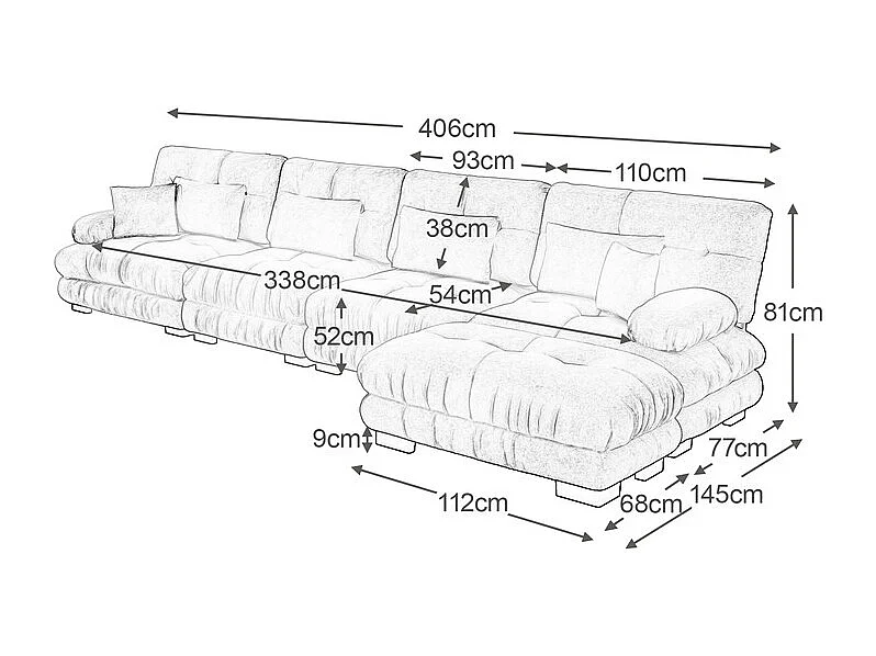 Canapé 4 places d'angle en tissu chenille, avec 6 oreillers, pouf amovible, combinaison DIY, 406x145x81cm, Rose