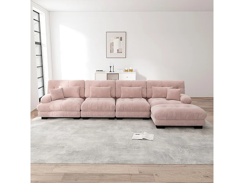 Canapé 4 places d'angle en tissu chenille, avec 6 oreillers, pouf amovible, combinaison DIY, 406x145x81cm, Rose