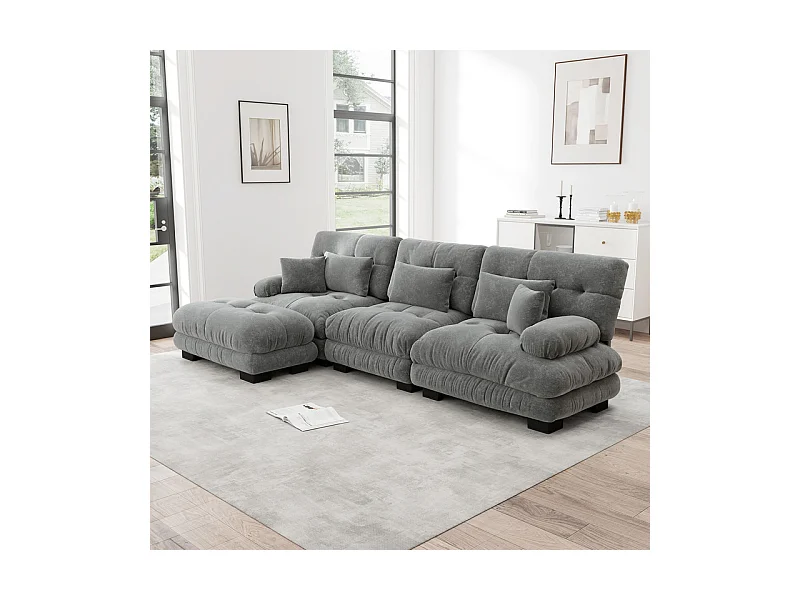 Hoekbank 3-zits van Chenille stof, met 5 kussens, verwijderbare poef, DIY-combinatie, 313x145x81cm, Grijs