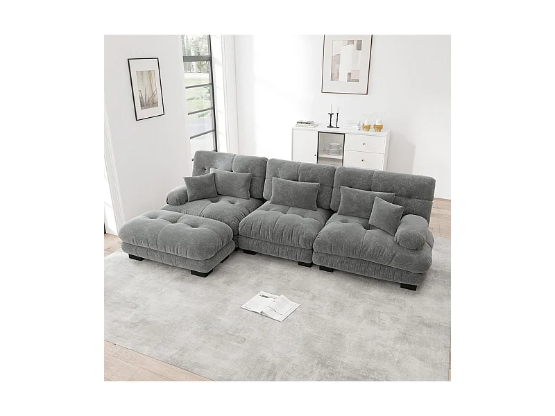 Hoekbank 3-zits van Chenille stof, met 5 kussens, verwijderbare poef, DIY-combinatie, 313x145x81cm, Grijs