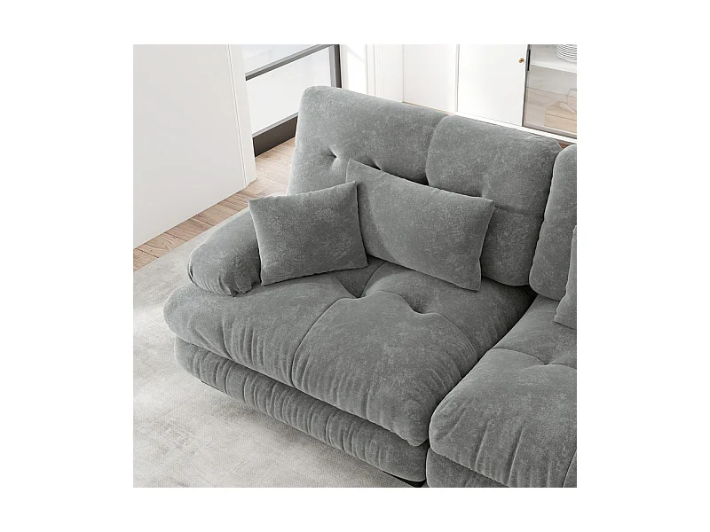 Hoekbank 3-zits van Chenille stof, met 5 kussens, verwijderbare poef, DIY-combinatie, 313x145x81cm, Grijs