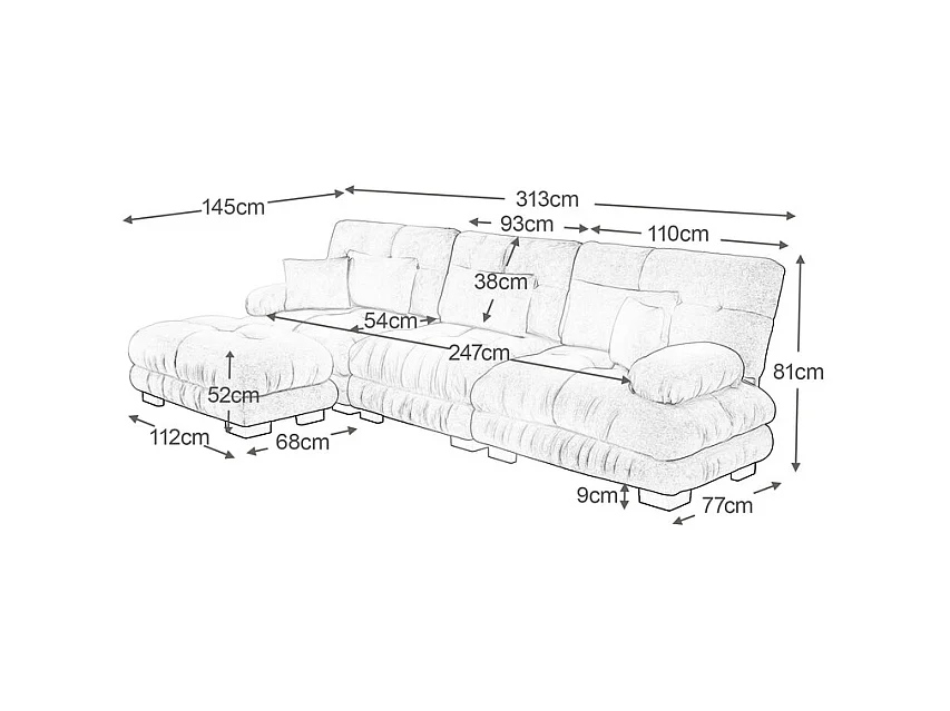 Canapé 3 places d'angle en tissu chenille, avec 5 oreillers, pouf amovible, combinaison DIY, 313x145x81cm, Gris