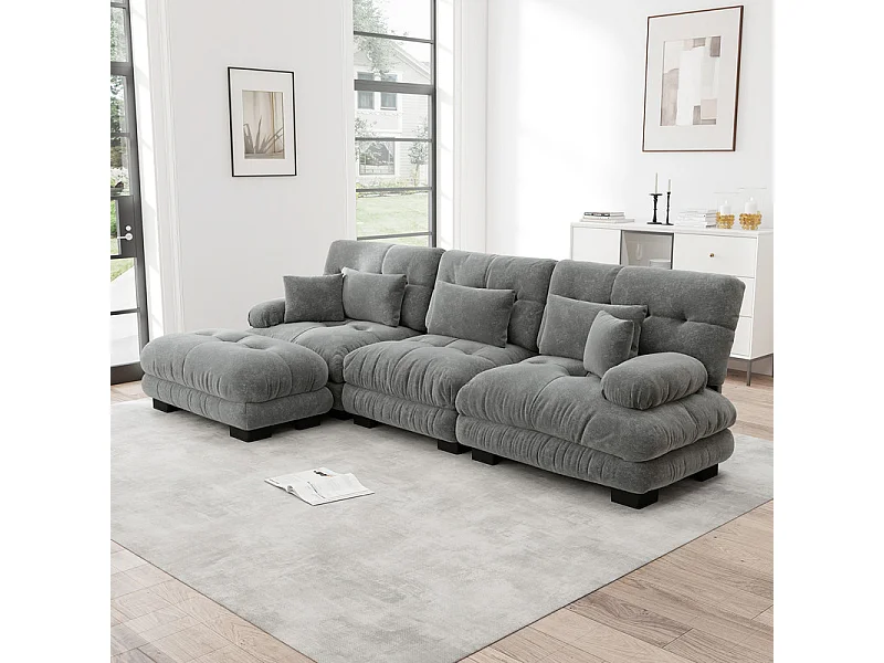 Canapé 3 places d'angle en tissu chenille, avec 5 oreillers, pouf amovible, combinaison DIY, 313x145x81cm, Gris