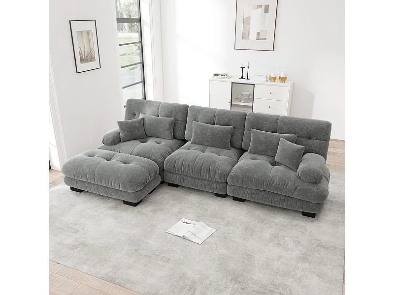 Canapé 3 places d'angle en tissu chenille, avec 5 oreillers, pouf amovible, combinaison DIY, 313x145x81cm, Gris