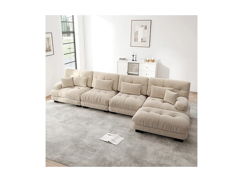 Canapé 4 places d'angle en tissu chenille, avec 6 oreillers, pouf amovible, combinaison DIY, 406x145x81cm, Gris