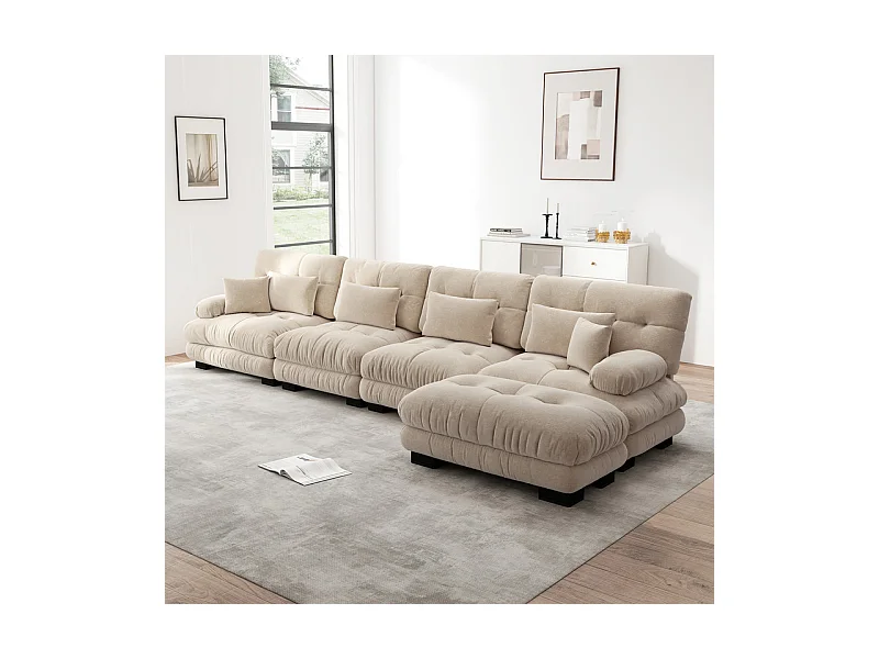 Canapé 4 places d'angle en tissu chenille, avec 6 oreillers, pouf amovible, combinaison DIY, 406x145x81cm, Gris