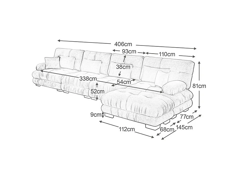 Canapé 4 places d'angle en tissu chenille, avec 6 oreillers, pouf amovible, combinaison DIY, 406x145x81cm, Gris