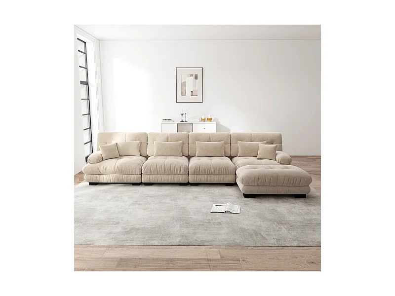 Canapé 4 places d'angle en tissu chenille, avec 6 oreillers, pouf amovible, combinaison DIY, 406x145x81cm, Gris