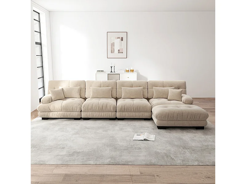 Canapé 4 places d'angle en tissu chenille, avec 6 oreillers, pouf amovible, combinaison DIY, 406x145x81cm, Gris