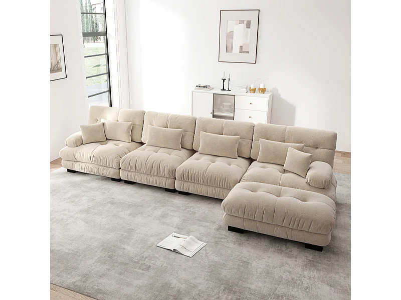 Canapé 4 places d'angle en tissu chenille, avec 6 oreillers, pouf amovible, combinaison DIY, 406x145x81cm, Gris