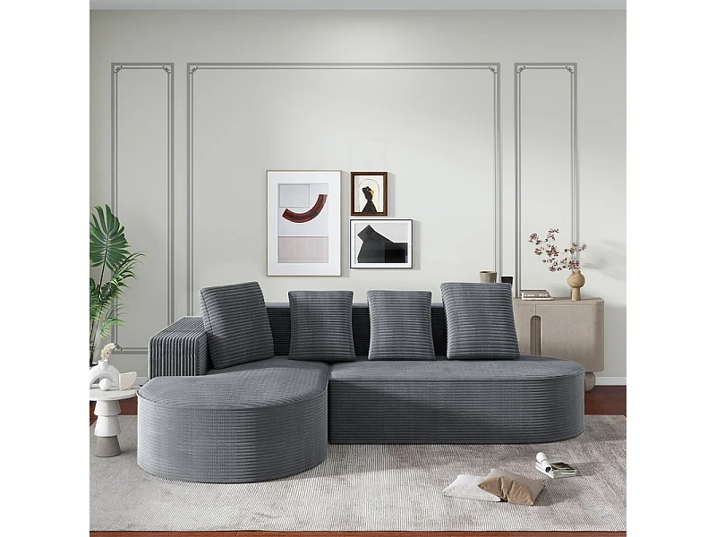 Linkes Ecksofa aus Großer Rippensamt mit 4 Kissen - 265x67x40,5cm - Grau