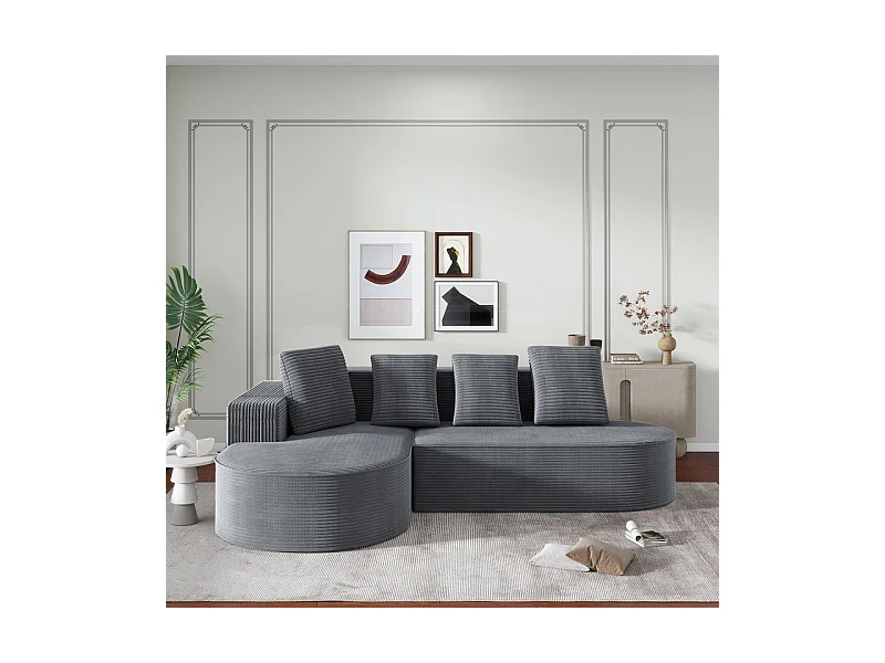 Canapé d'angle gauche en Velours Côtelé grosses côtes avec 4 oreillers - 265x67x40,5cm - Gris