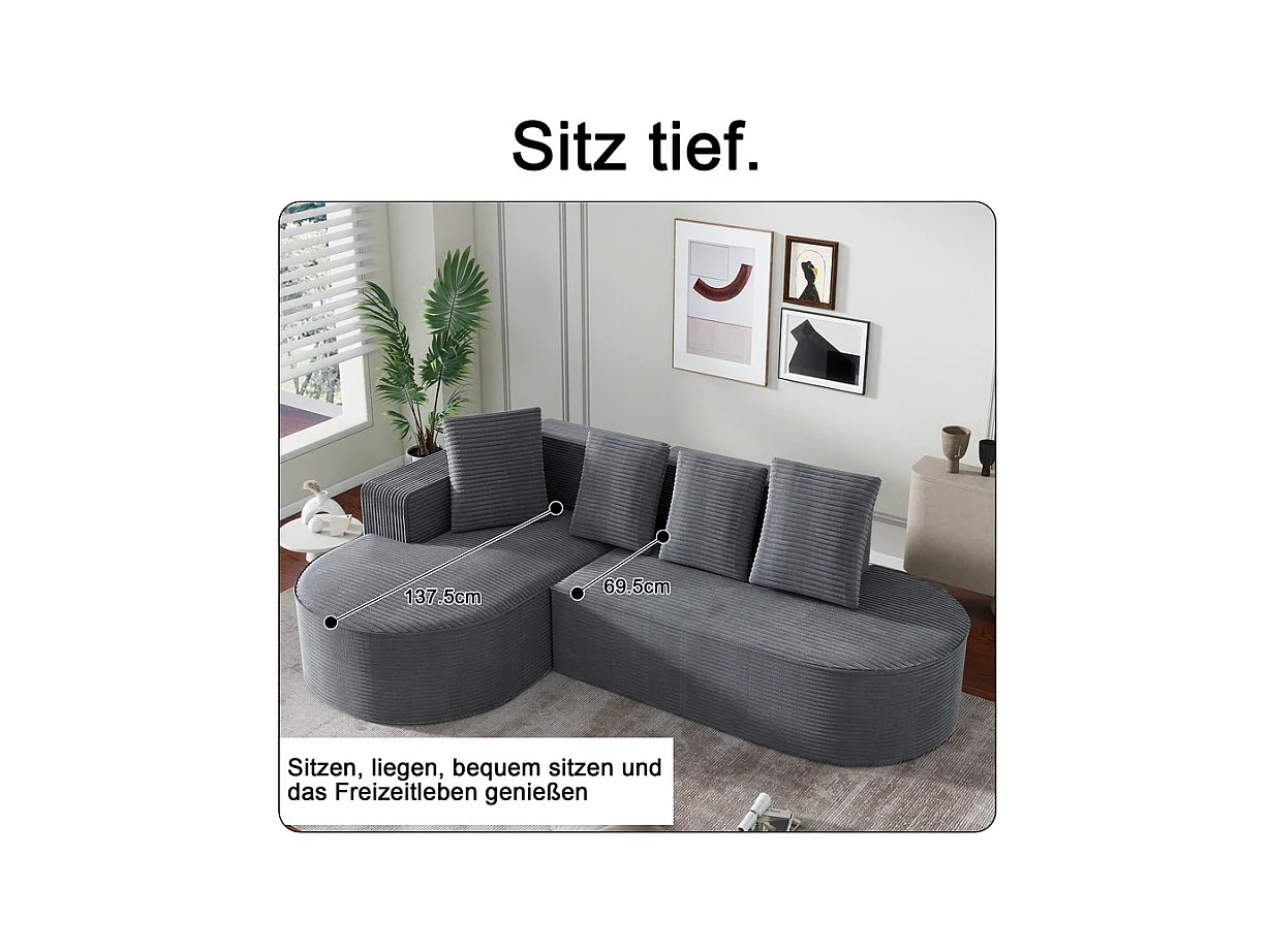 Canapé d'angle gauche en Velours Côtelé grosses côtes avec 4 oreillers - 265x67x40,5cm - Gris