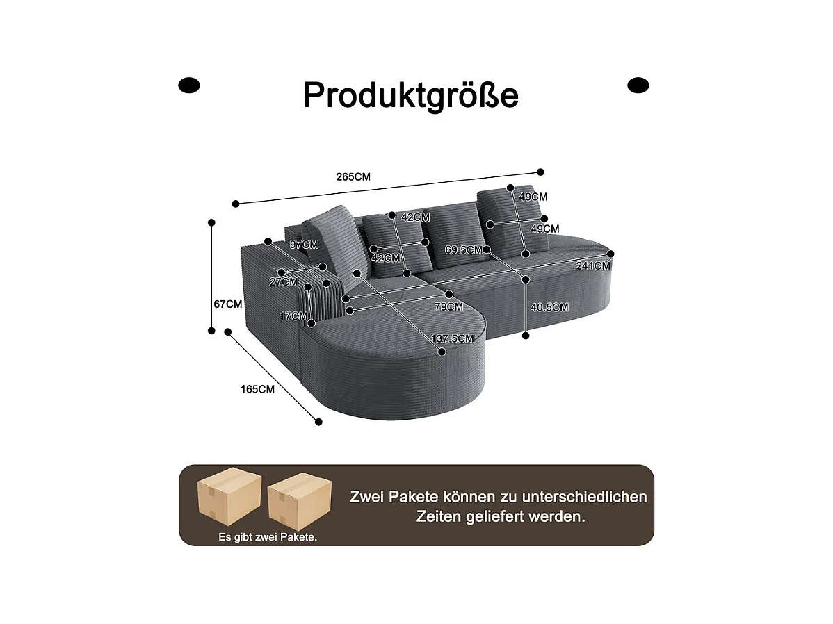 Canapé d'angle gauche en Velours Côtelé grosses côtes avec 4 oreillers - 265x67x40,5cm - Gris