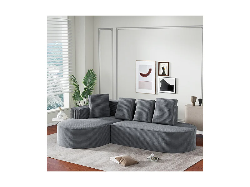 Canapé d'angle gauche en Velours Côtelé grosses côtes avec 4 oreillers - 265x67x40,5cm - Gris