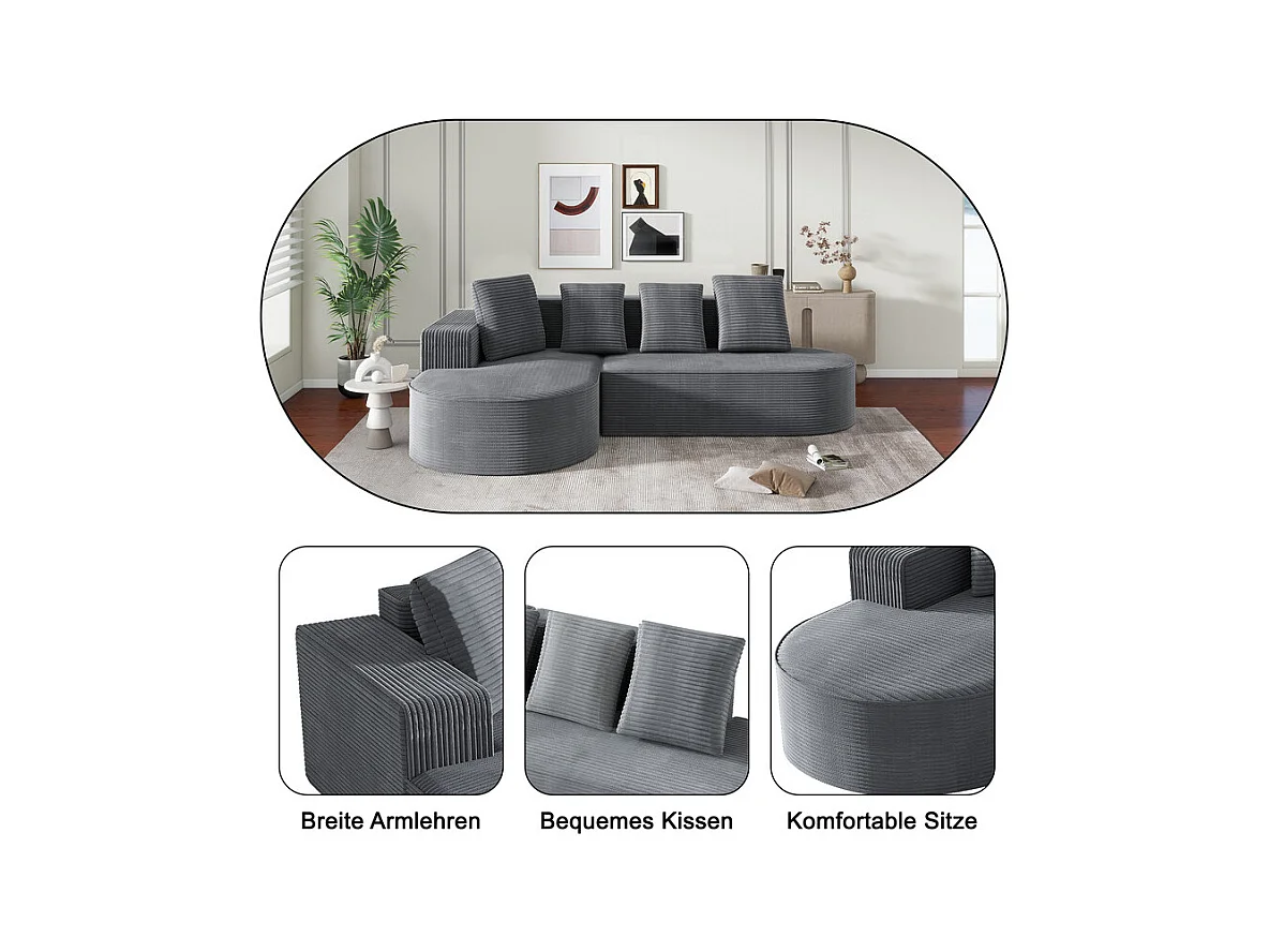 Canapé d'angle gauche en Velours Côtelé grosses côtes avec 4 oreillers - 265x67x40,5cm - Gris