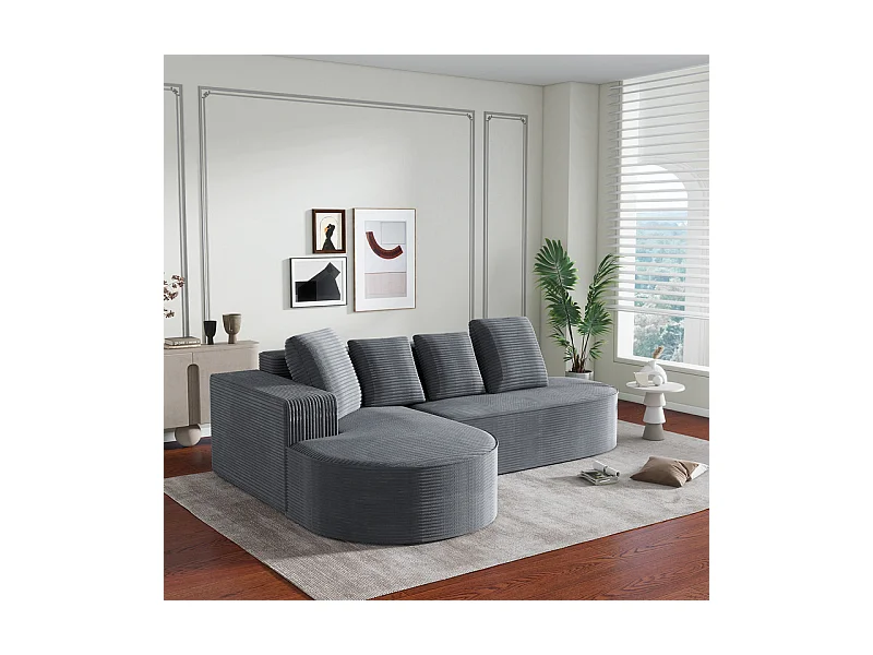 Canapé d'angle gauche en Velours Côtelé grosses côtes avec 4 oreillers - 265x67x40,5cm - Gris