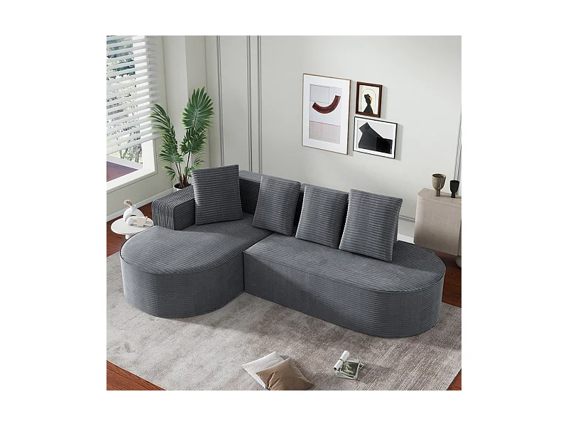 Canapé d'angle gauche en Velours Côtelé grosses côtes avec 4 oreillers - 265x67x40,5cm - Gris