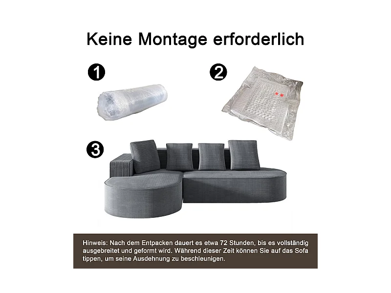 Canapé d'angle gauche en Velours Côtelé grosses côtes avec 4 oreillers - 265x67x40,5cm - Gris