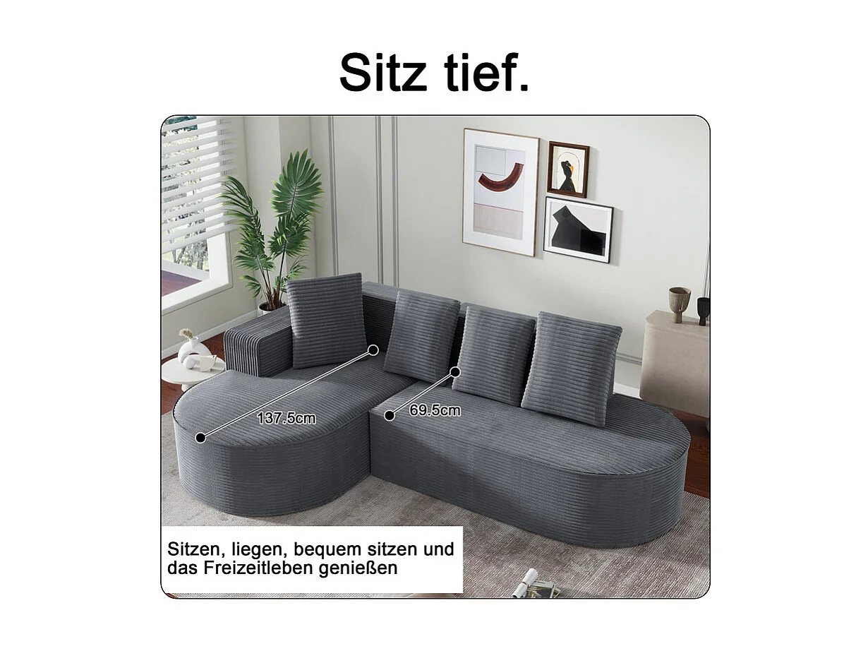 Canapé d'angle gauche en Velours Côtelé grosses côtes avec 4 oreillers - 265x67x40,5cm - Gris