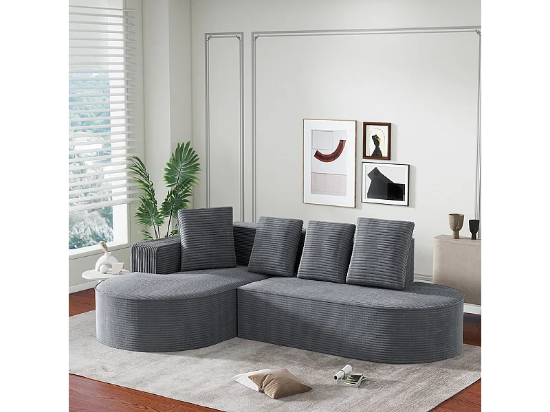 Canapé d'angle gauche en Velours Côtelé grosses côtes avec 4 oreillers - 265x67x40,5cm - Gris