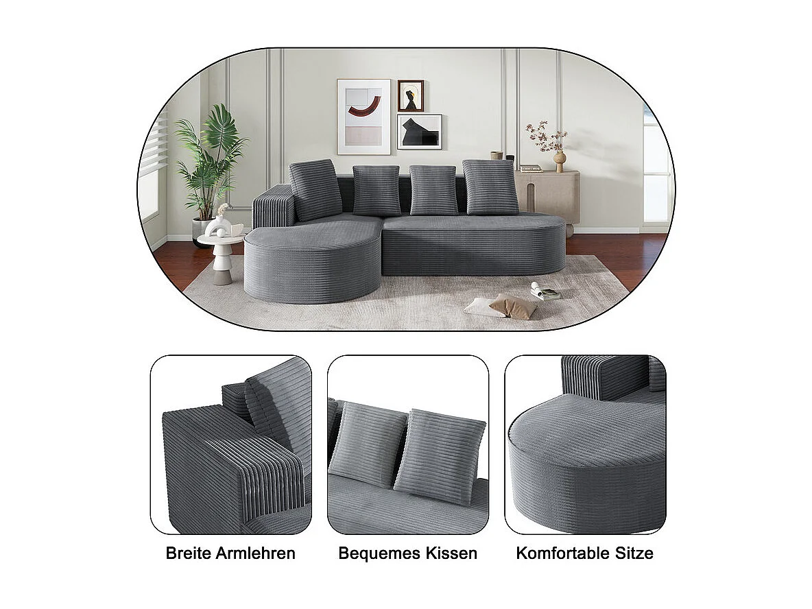 Canapé d'angle gauche en Velours Côtelé grosses côtes avec 4 oreillers - 265x67x40,5cm - Gris