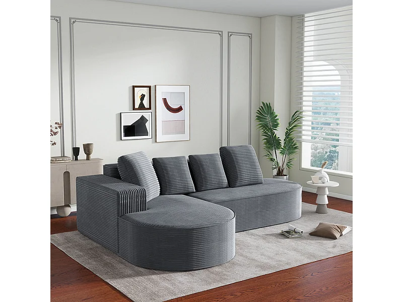 Canapé d'angle gauche en Velours Côtelé grosses côtes avec 4 oreillers - 265x67x40,5cm - Gris