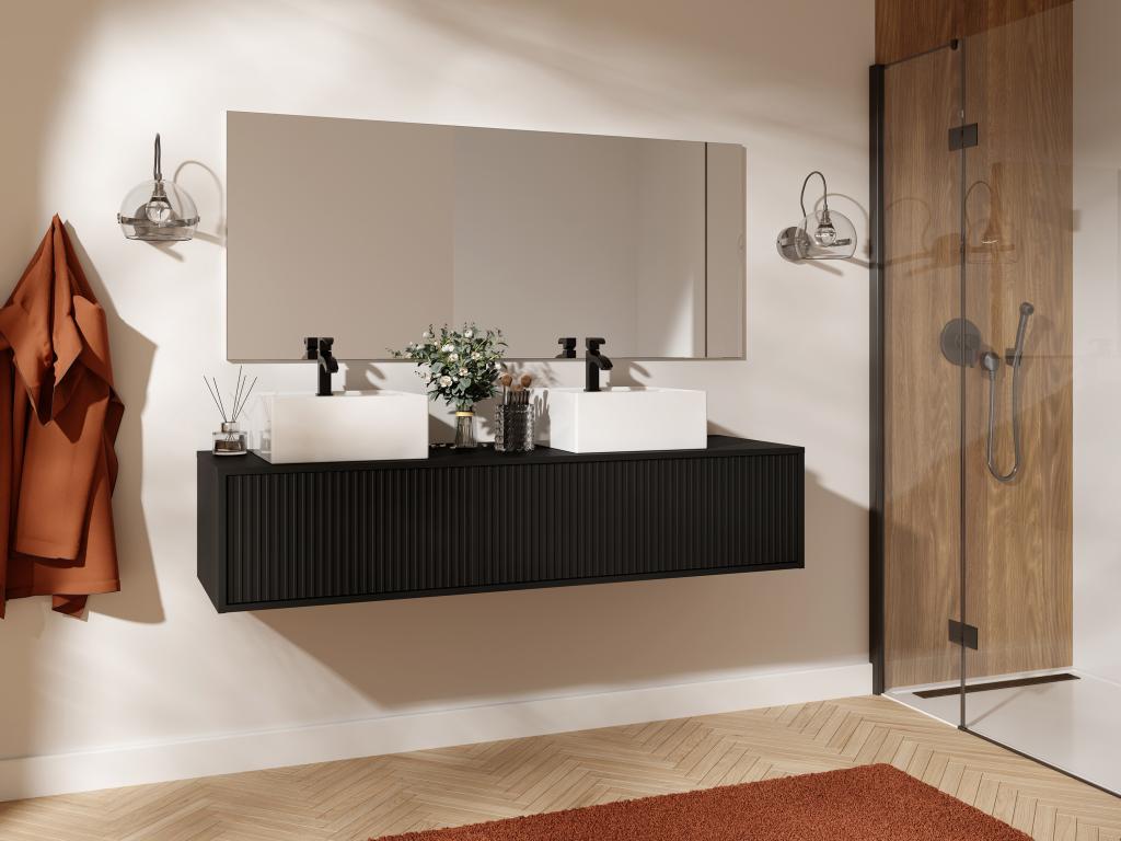 Hängendes Badmöbel mit Rillenstruktur & Doppelwaschtisch - Schwarz - 150 cm günstig online kaufen
