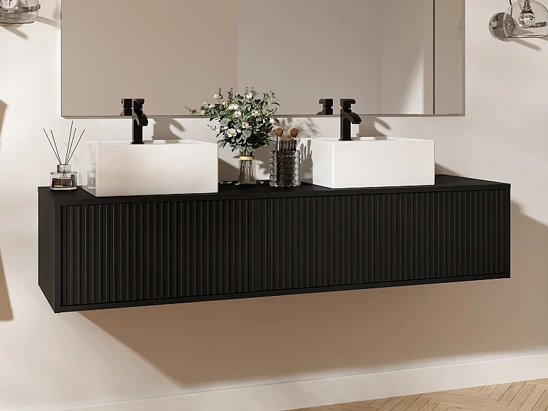 Mueble de baño suspendido estriado con lavabo doble - Negro - 150 cm - ARNEGA