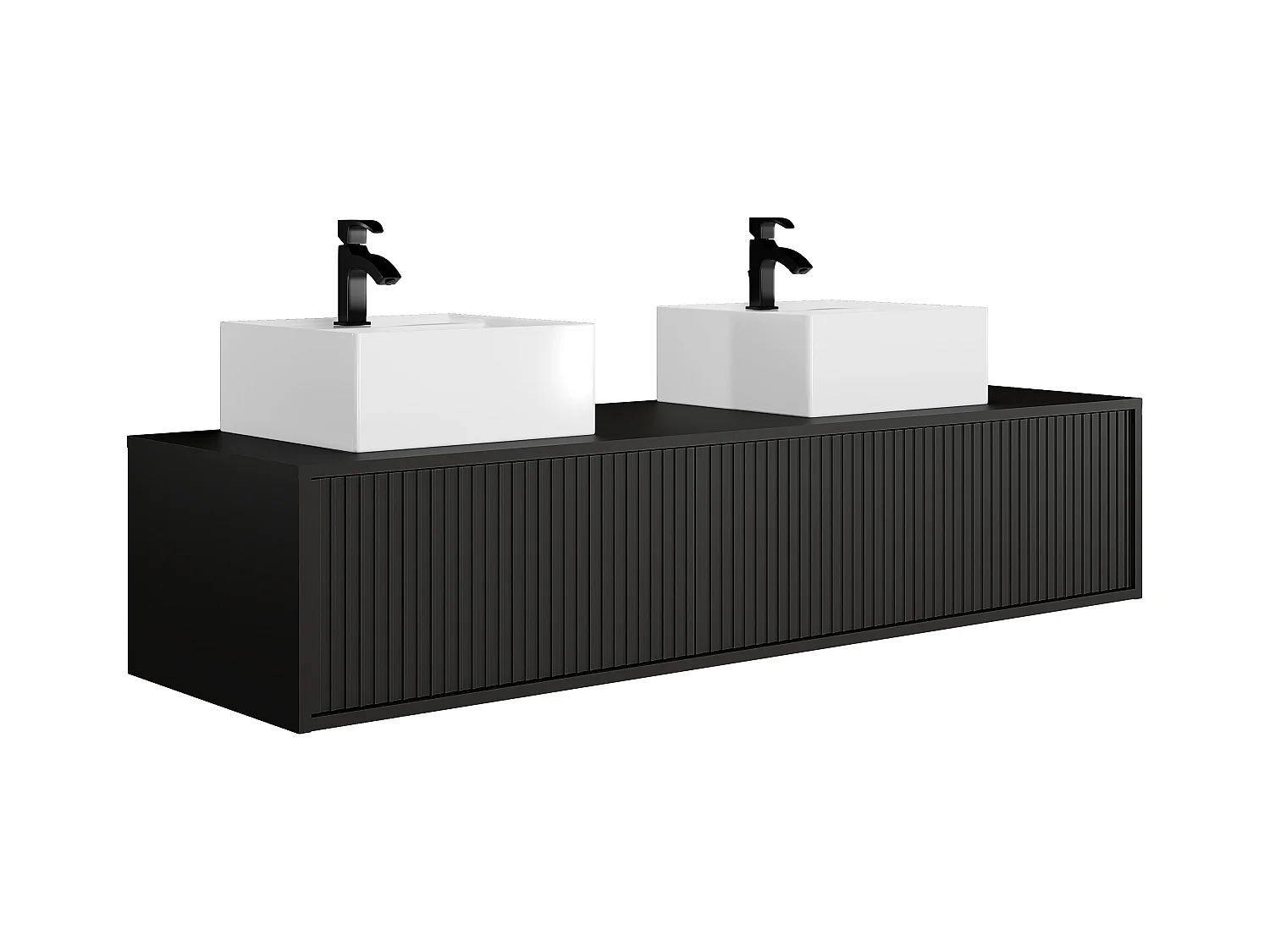 Mueble de baño suspendido estriado con lavabo doble - Negro - 150 cm - ARNEGA