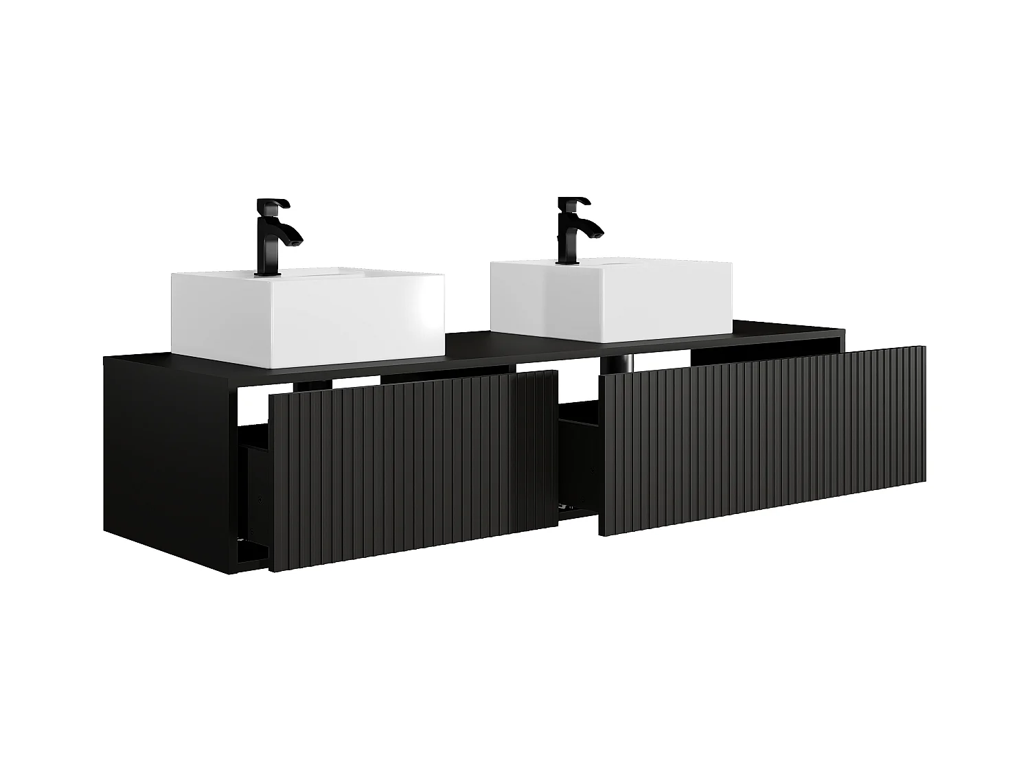 Mueble de baño suspendido estriado con lavabo doble - Negro - 150 cm - ARNEGA
