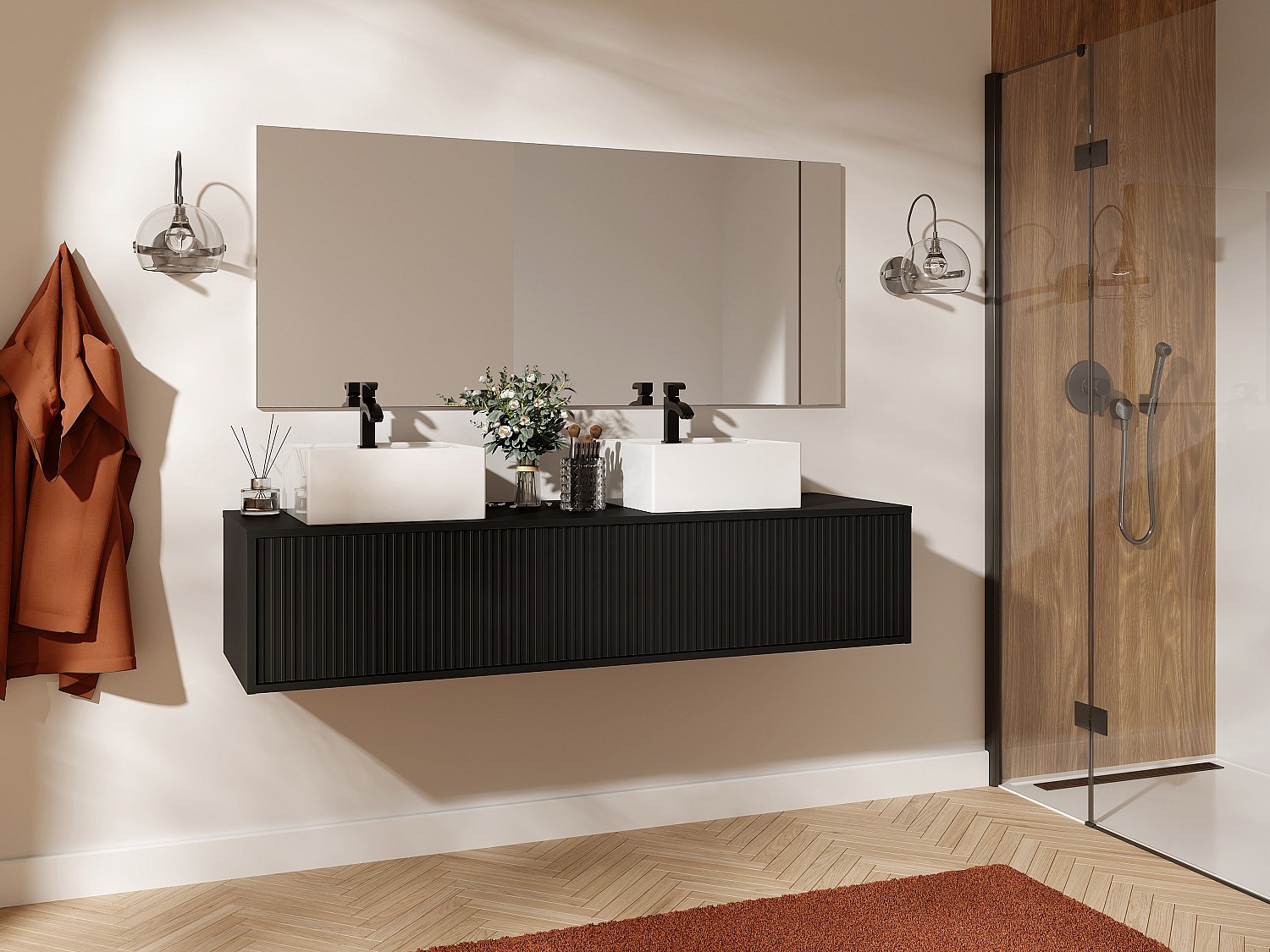 Hängendes Badmöbel mit Rillenstruktur & Doppelwaschtisch - Schwarz - 150 cm günstig online kaufen