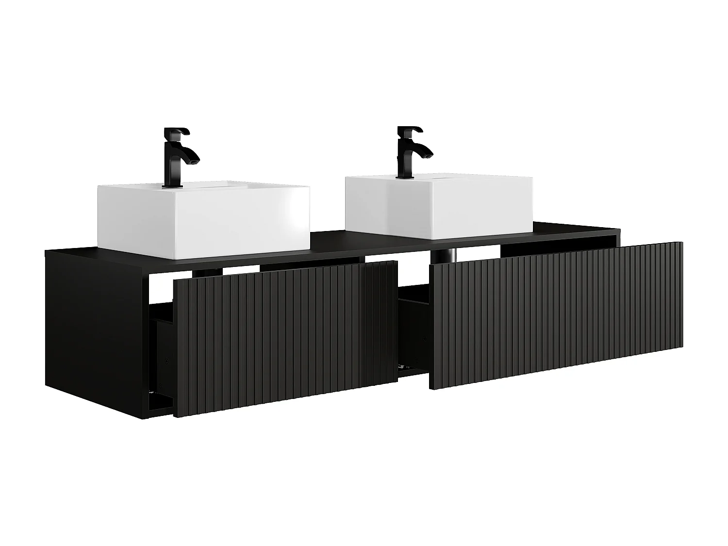 Mueble de baño suspendido estriado con lavabo doble - Negro - 150 cm - ARNEGA